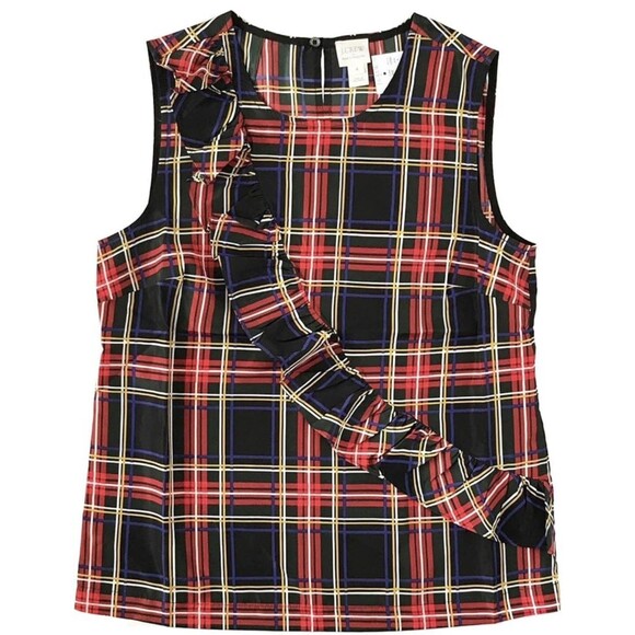 J.Crew Tartan Plaid Ruffle Sleeveless Top Women's Size 14 Factory Blouse Holiday - Picture 1 of 9